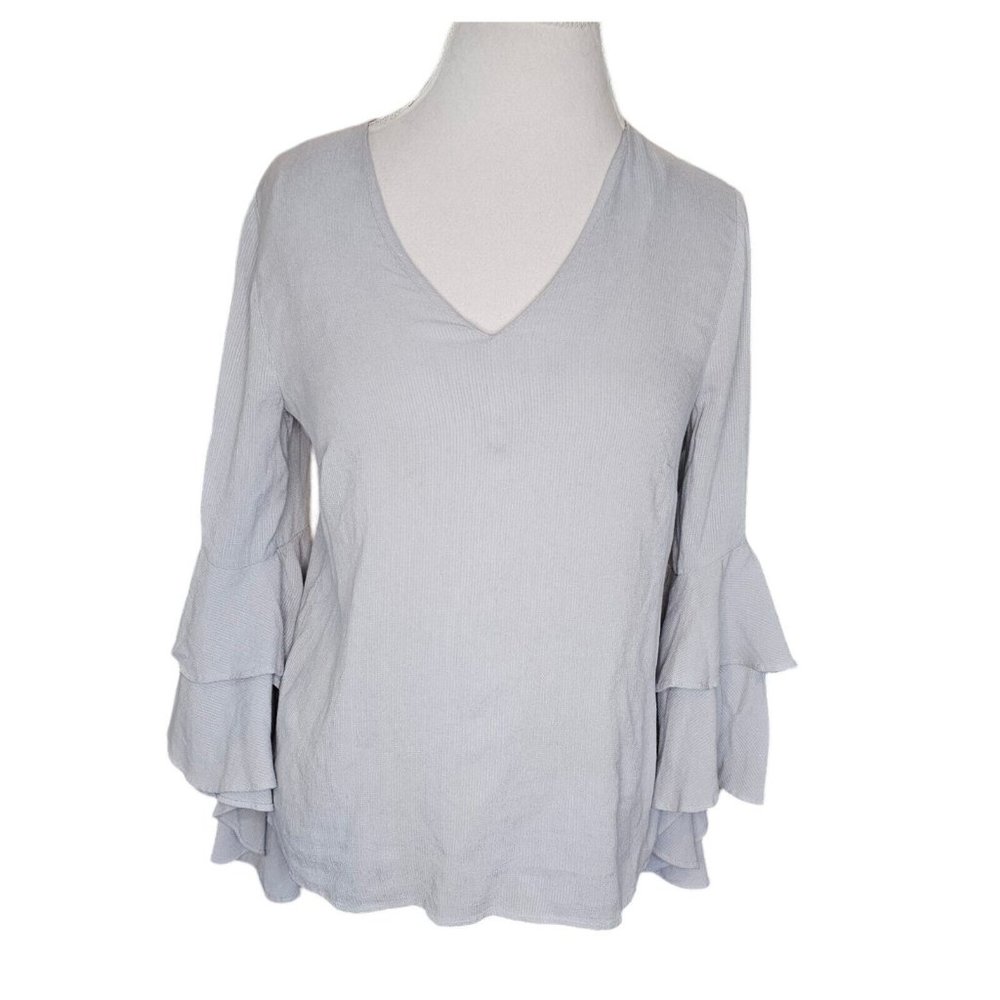 Chelsea 29 Gray Ribbed Bell Sleeve Boxy Top Blouse Small Boho Ruffle Shirt Vneck